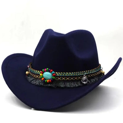 Western Cowboy Wool Hat with Pompom, Montana Sombrero Belt for Men and Women, Cowgirl, Solid Color, Jazz, Stylish Hollow Design for Lady