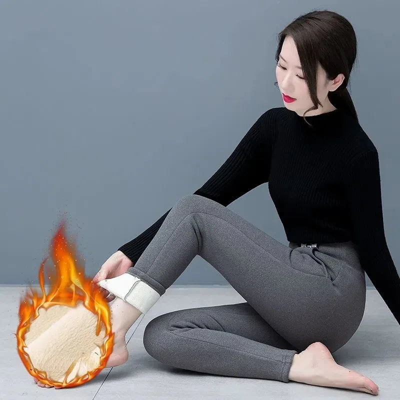 Leggings en laine d'agneau femmes taille haute Leggings chauds en plein air marche pantalons décontractés extensible maigre avec poche Leggings élégants