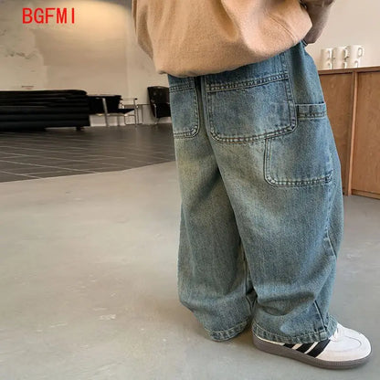Salopette en jean coréenne pour enfants printemps automne décontractée, pantalon en jean large, jean large pour enfants, pantalon ample streetwear