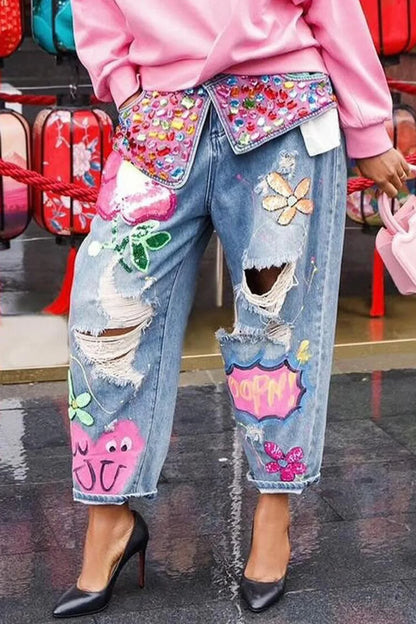 FAGADOER Jean ample à imprimé et couture diamant avec trous pour femme, taille haute, bouton, poche, en denim, pantalon décontracté, streetwear féminin