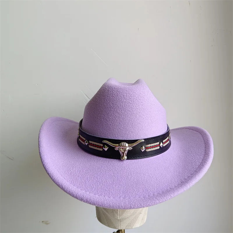 Ethnic Style Cowboy Hat Fashion Chic Unisex Solid Color Jazz Hat With Bull Shaped Decor Western Cowboy Hats