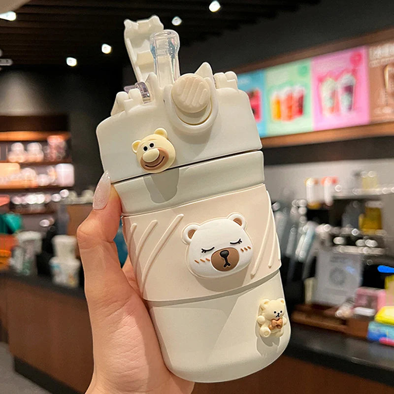 450ML Mignonne Tasse à Café Thermos Double Boisson Ours avec Paille Gobelet Portable en Acier Inoxydable Bouteille Isotherme pour Enfants Filles