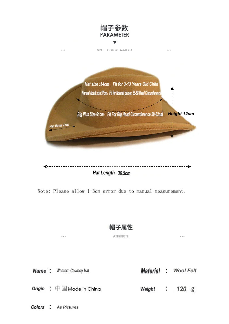 Bande de cuir à géométrie rétro Parent-enfant unisexe/enfant feutre à large bord Cowboy chapeau occidental Cowgirl Bowler Cap (61 cm/57 cm/54 cm)