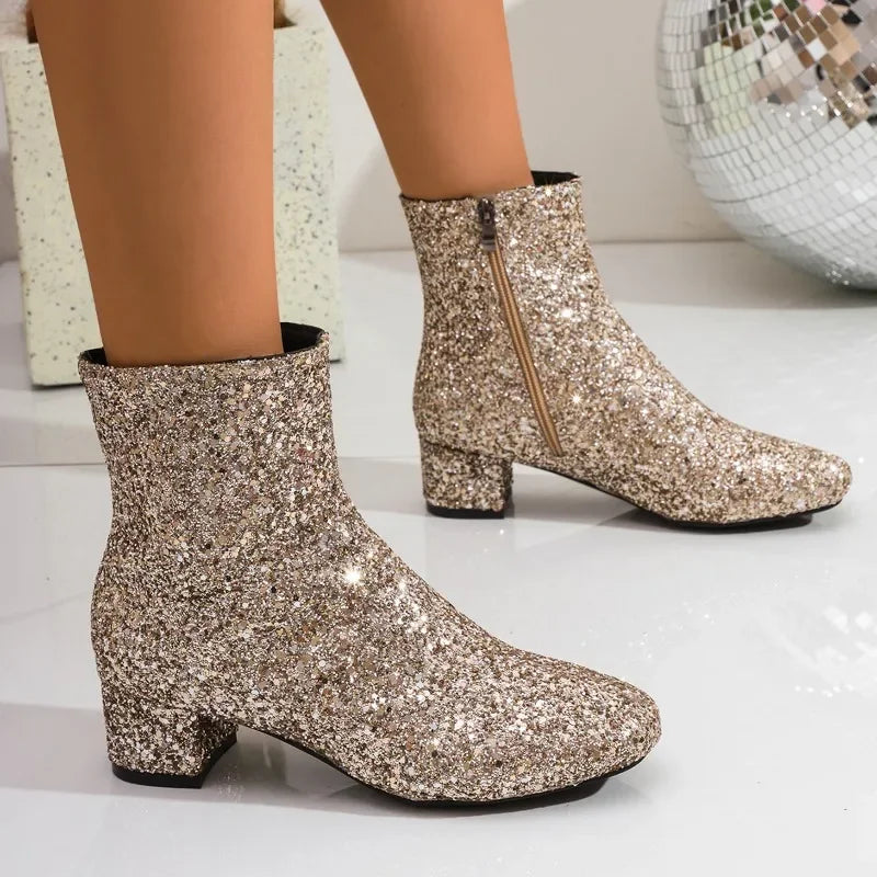 Bottes à paillettes et sequins pour femmes, avec fermeture éclair, talons épais, bottines à bout rond, chaussures de soirée pour femmes