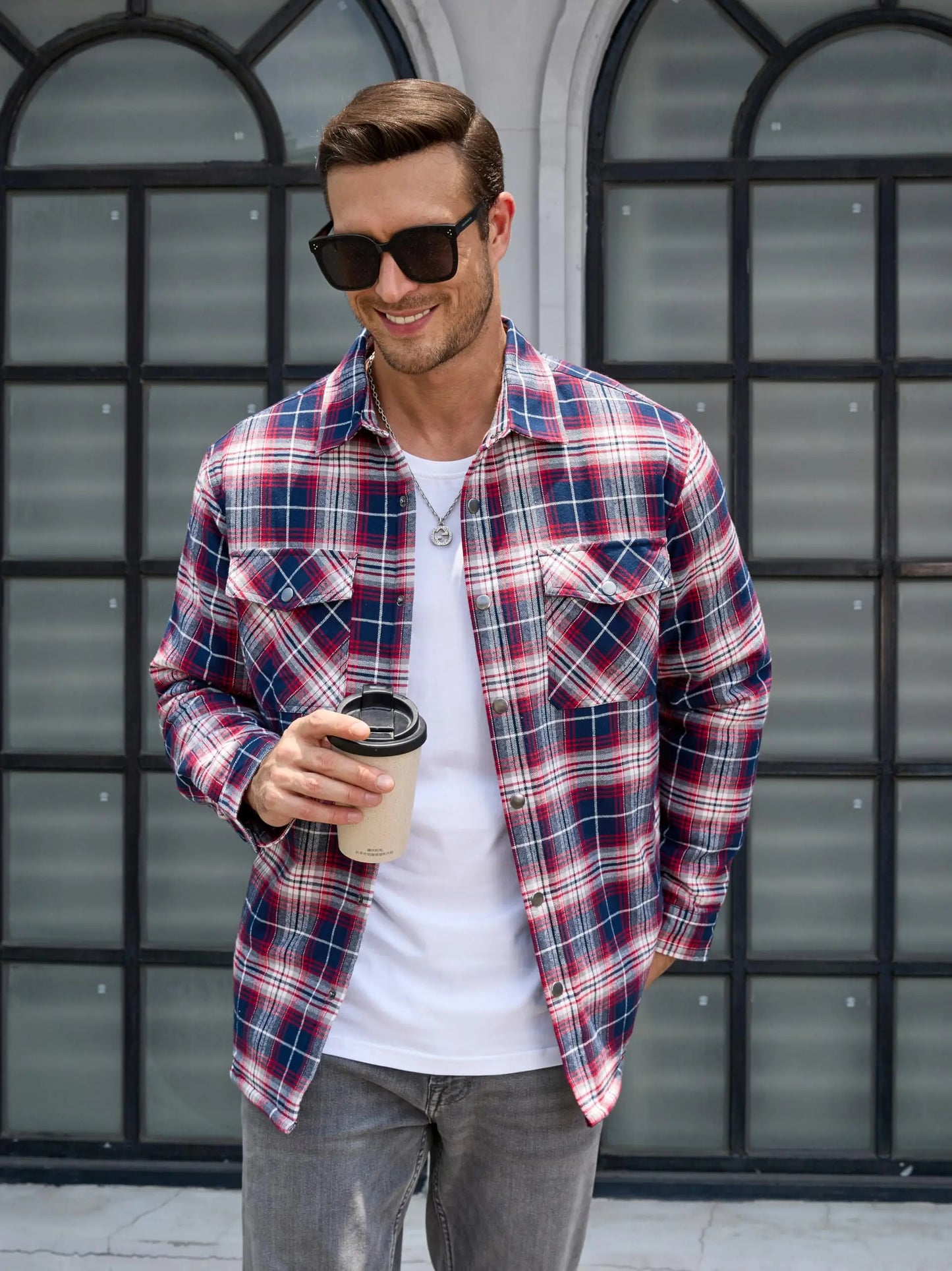 TACVASEN Winter Plaid Cotton Jackets Mens Long Sleeve Quilted Lined Flannel Shirt Jacket Multi-Pockets Outwear Hiking Coats Tops