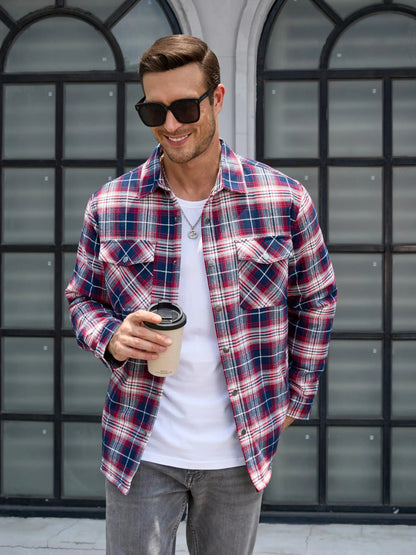TACVASEN Winter Plaid Cotton Jackets Mens Long Sleeve Quilted Lined Flannel Shirt Jacket Multi-Pockets Outwear Hiking Coats Tops