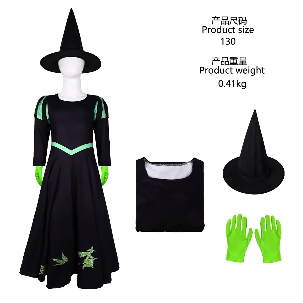 Wicked Musical Elphaba Cosplay Costume with Hat Black Victorian Skirt Dress Stage Performance Halloween Party Theme Clothing # 1