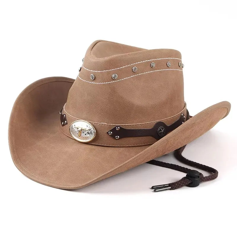 Chapeau de Cowboy occidental classique pour hommes et femmes, casquette de Cowgirl en Faux cuir noir, décontracté pour l'extérieur, Sombrero Hombre avec corde coupe-vent