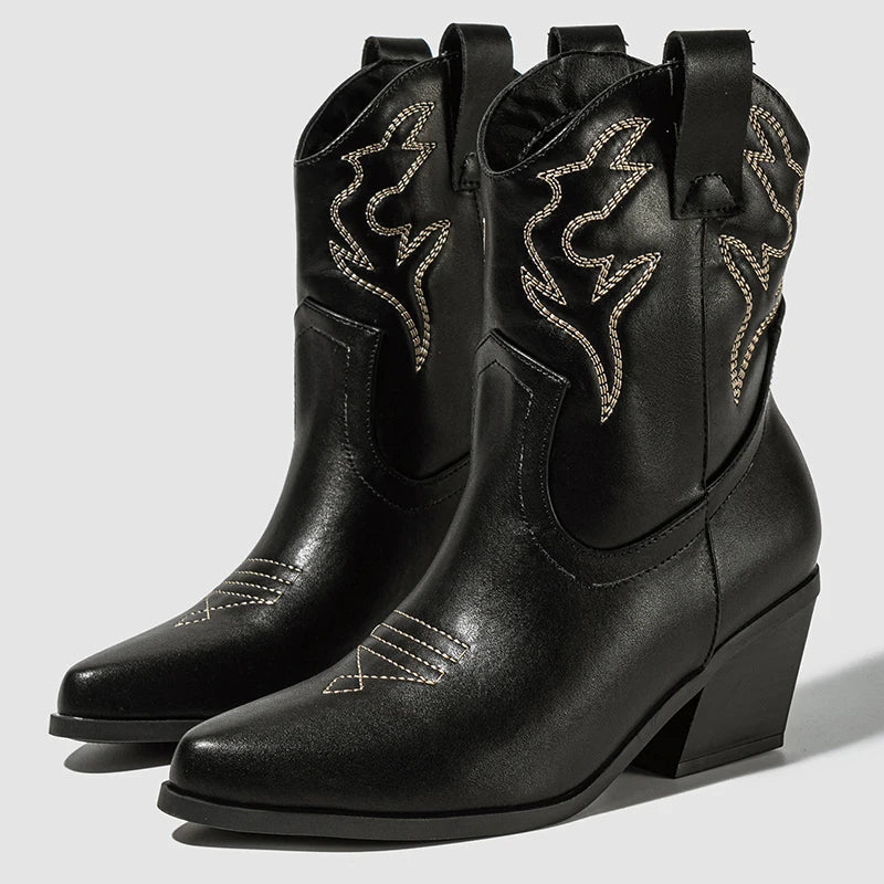 Aneikeh Autumn Winter Vintage Embroidered Large Western Cowboy Boots New Style Coarse Heel Pointed Ankle Barrel Knight Boots