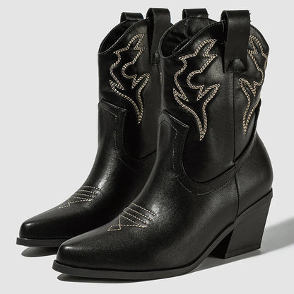 Aneikeh Autumn Winter Vintage Embroidered Large Western Cowboy Boots New Style Coarse Heel Pointed Ankle Barrel Knight Boots