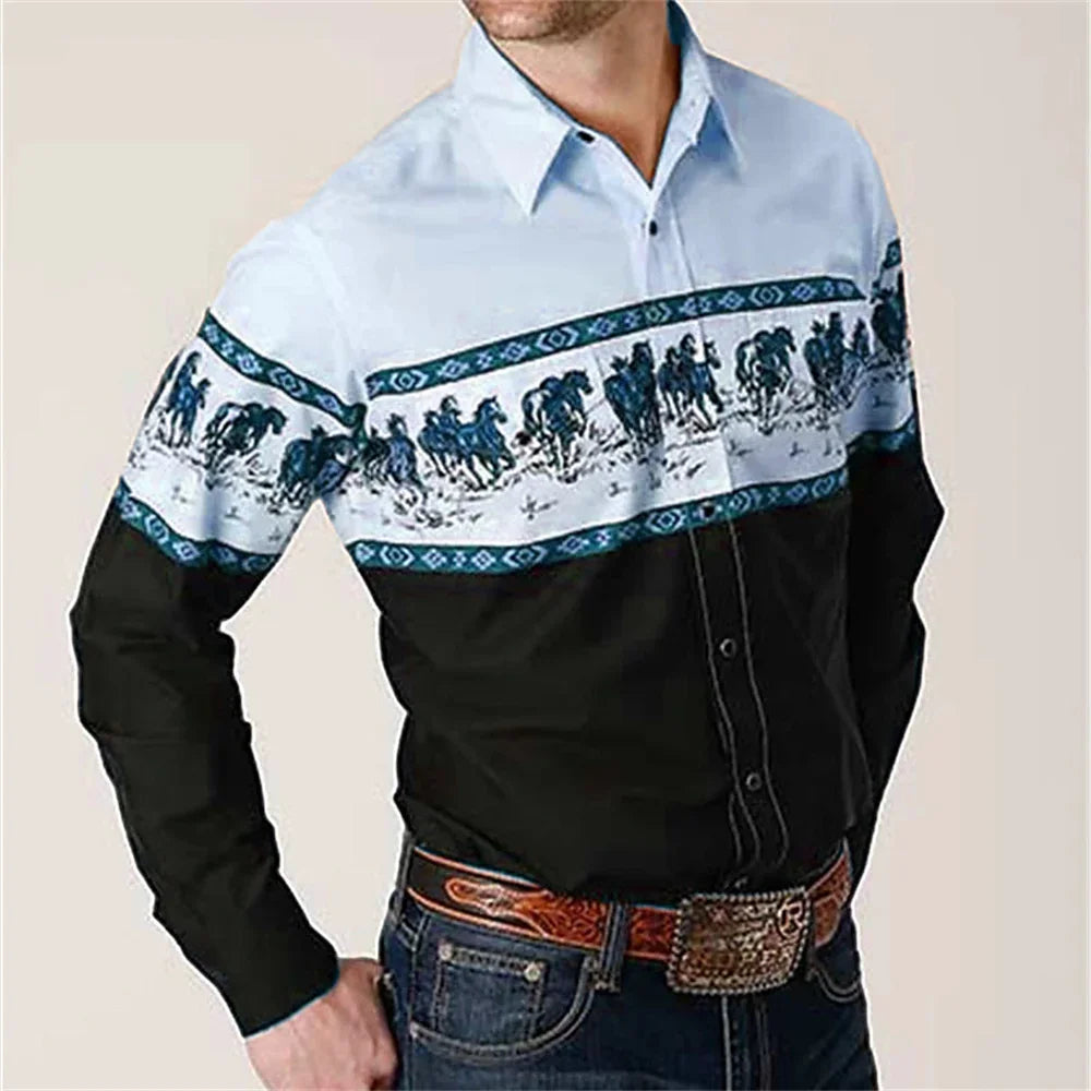 Western Cowboy Flower Printed Long Sleeve Shirt for Spring and Summer Comfortable Soft Fabric Party Men's Collar Shirt