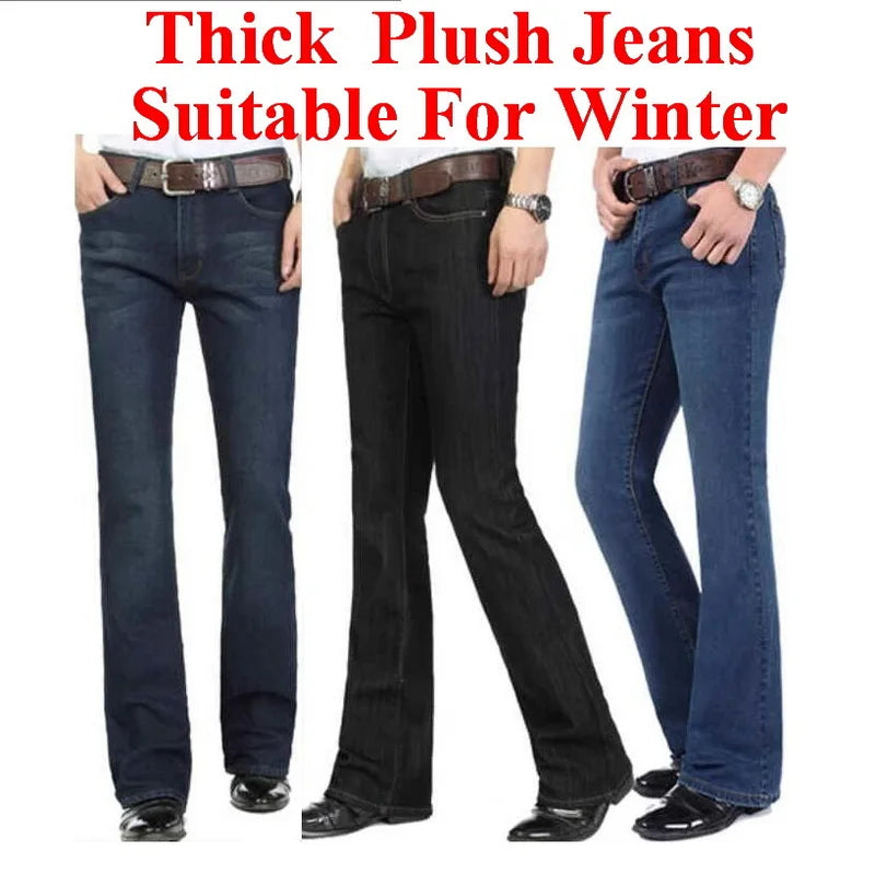 Men's Flared Jeans For Winter Thick Mid High Waist Slim Bell-bottoms Pants Elastic Fared Denim Trousers Size 26-40