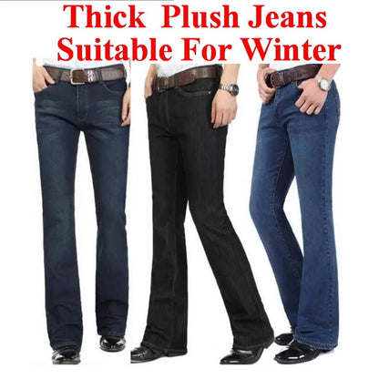 Men's Flared Jeans For Winter Thick Mid High Waist Slim Bell-bottoms Pants Elastic Fared Denim Trousers Size 26-40