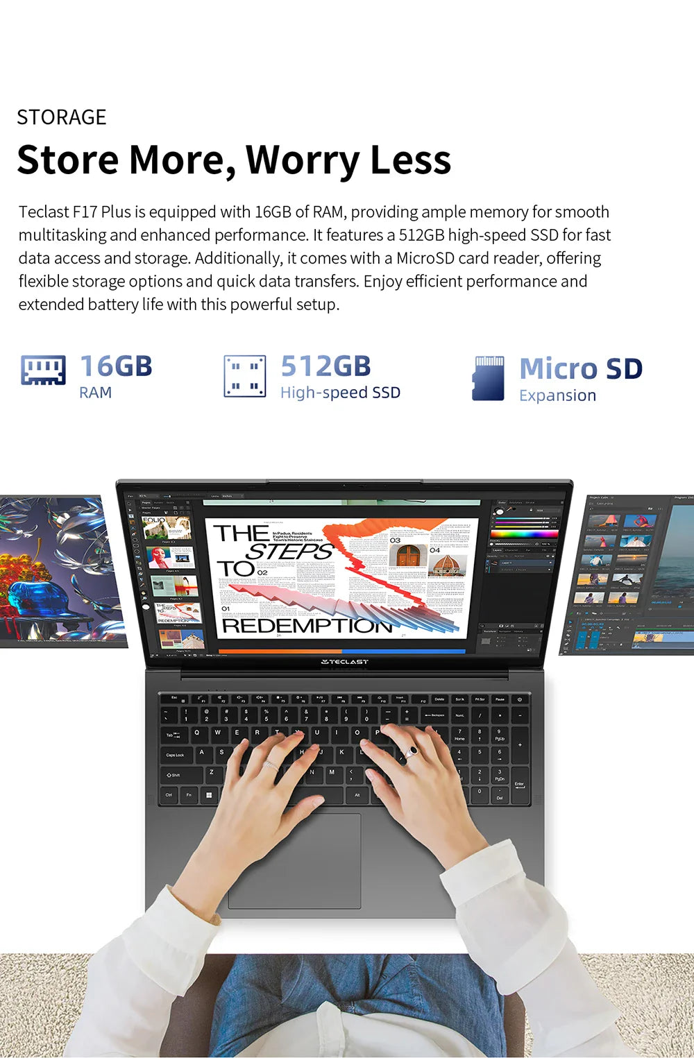Teclast F17 Plus 2025 Laptop 17.3 inch Intel N150 Computer 16GB RAM 512GB SSD Windows 11 Pro 180° Flip Laptops mini-HDMI USB3.2