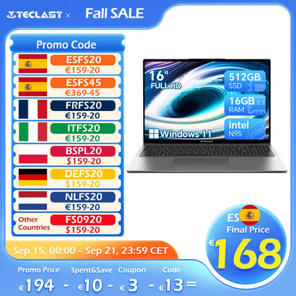 TECLAST F16 Air 16 inch laptop, Flip 180 degree, 16GB + 512GB, for Intel N95 CPU, Windows 11, mini HDMI, backlit keyboard