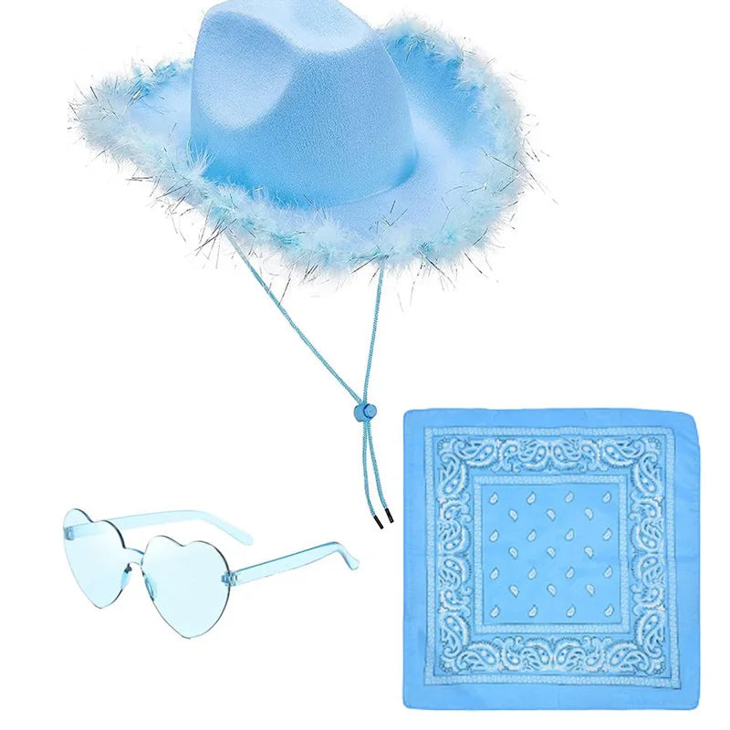Ensemble de chapeaux de Cowboy roses, 3 pièces, chapeaux de fête d'enterrement de vie de jeune fille, chapeaux de Cowgirl occidentale en plumes, casquettes de Costume de fête + lunettes + mouchoir
