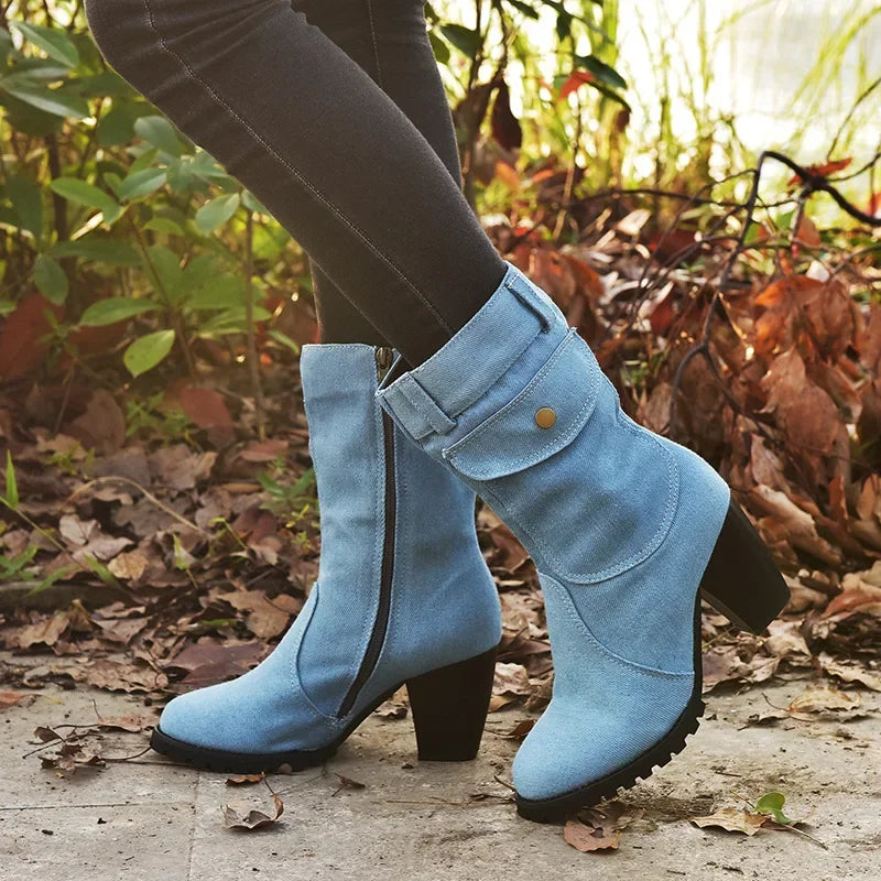 Cowboy Women's Boots 2024 Autumn and Winter New Pointed Denim Style Casual Temperament High Heels Single Shoes Zapatos De Mujer