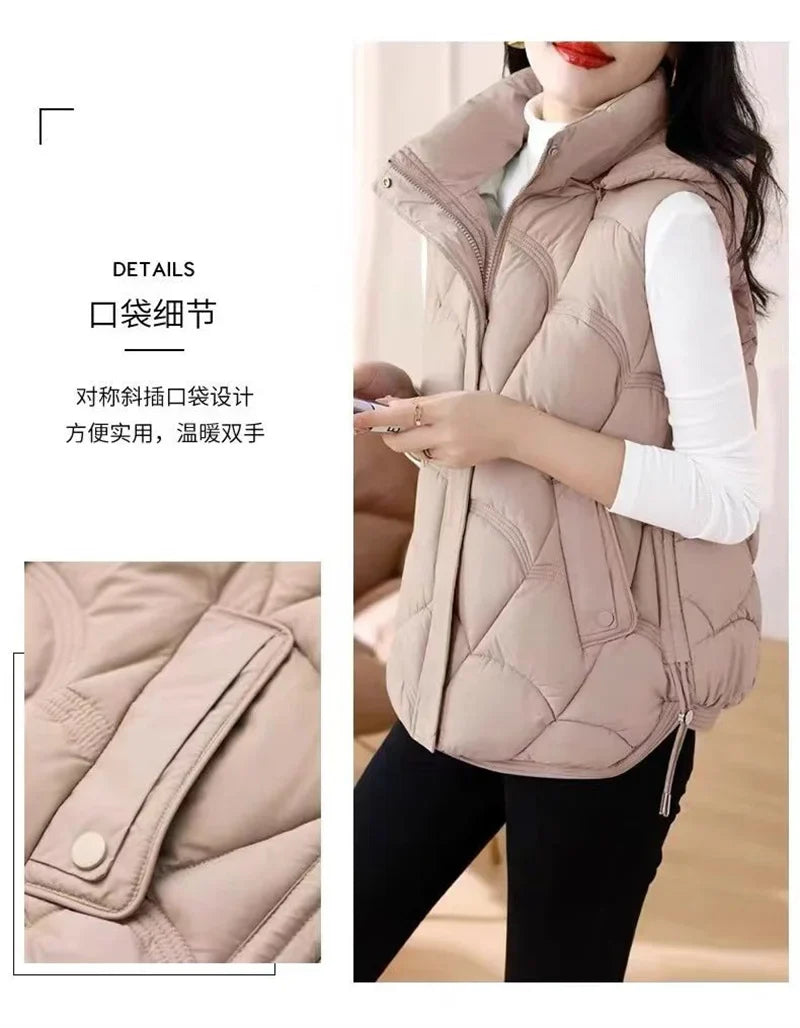 Doudoune Sans Manches en Coton Femme Automne Et Hiver 2025 Nouvelle Mode Vêtement d'Extérieur Doux Mince Gilet Manteau Femme Contraste de Couleurs