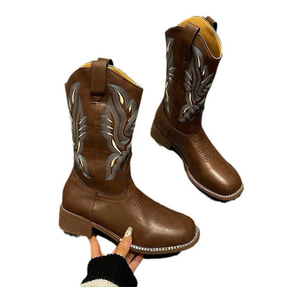 Versatile Western Cowboy Boots Summer Coarse Heel Embroidered Sleeve Knight Boots Mid Barrel Square Head Horseshoe Large