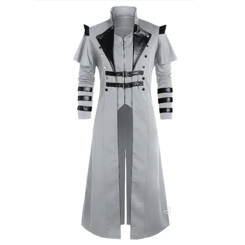 Vintage Halloween Médiéval Steampunk Assassin Elfes Pirate Costume Adulte Hommes Noir Longue Veste Fendue Manteaux en Cuir Armure Gothique