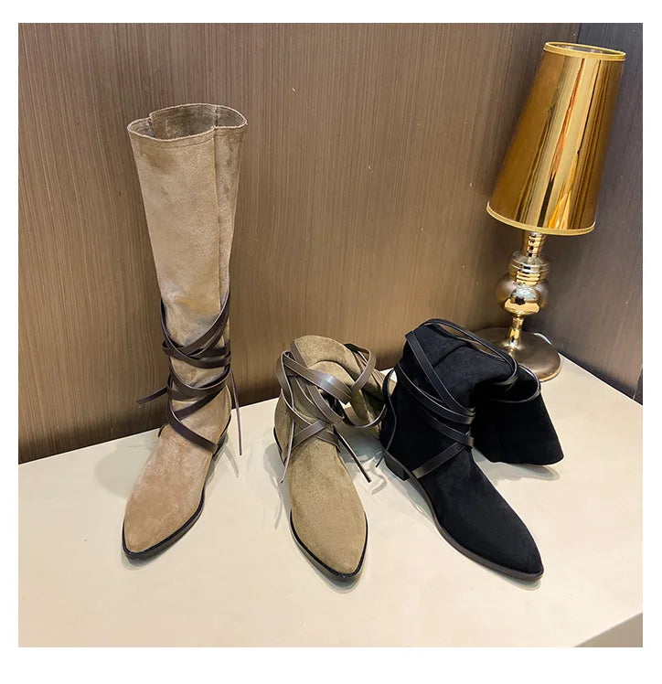 Matte Leather Gothic Western Cowboy Boots Women's Fashion Autumn New Style Pointed Toe Lace-up Retro High Top Flat Heel Boots