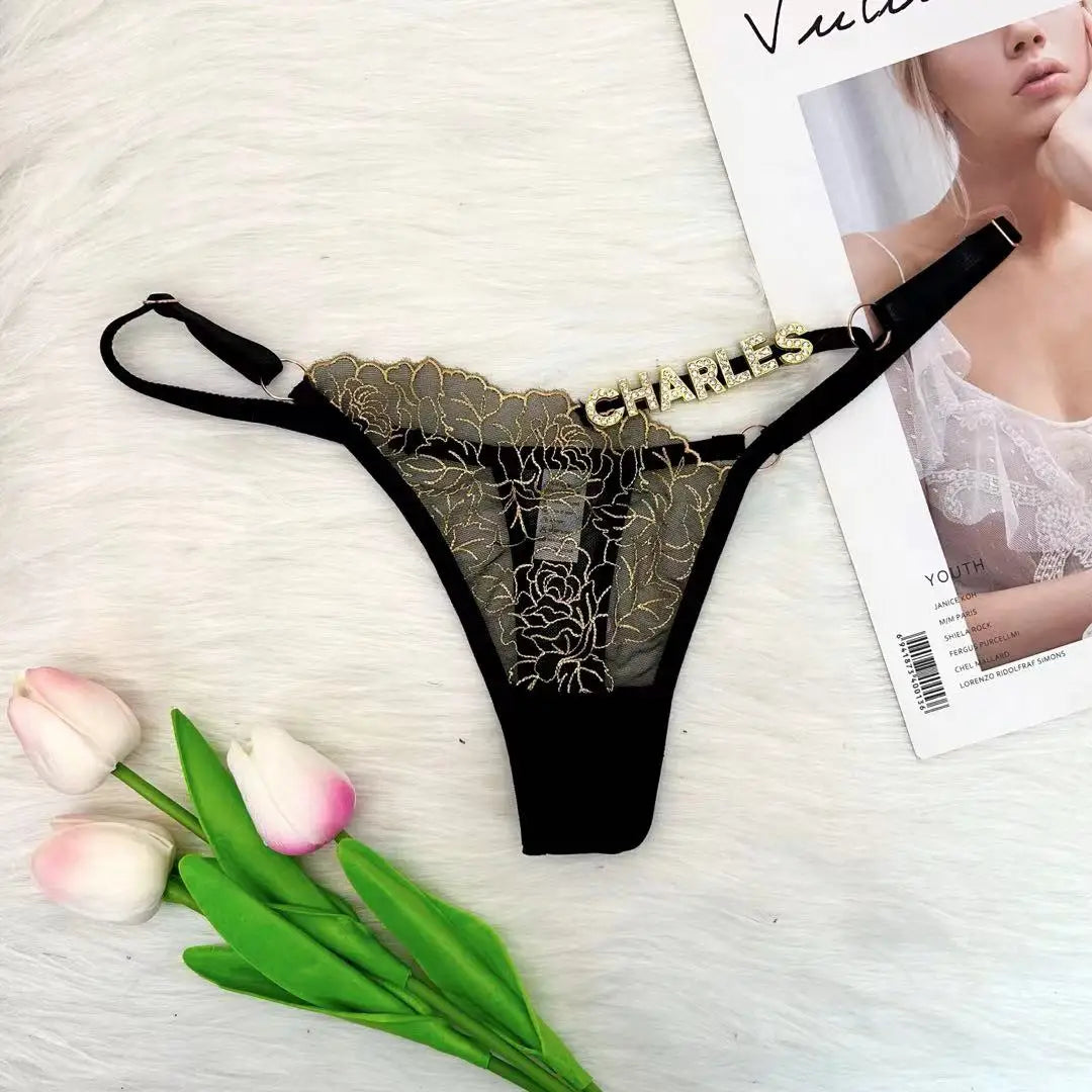String personnalisé pour femmes, culotte en dentelle découpée, string personnalisé, lettres en strass, sous-vêtements, cadeau de saint valentin, nouvelle collection