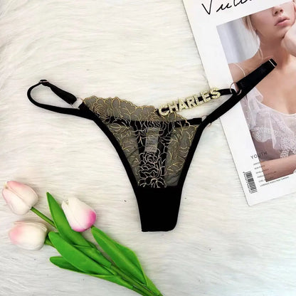 String personnalisé pour femmes, culotte en dentelle découpée, string personnalisé, lettres en strass, sous-vêtements, cadeau de saint valentin, nouvelle collection