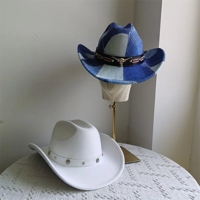 Ethnic Style Cowboy Hat Fashion Chic Unisex Solid Color Jazz Hat With Bull Shaped Decor Western Cowboy Hats