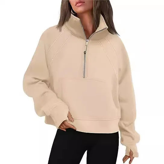 Sweat-shirt à col montant pour femme, sweat à capuche pour document solide, manches longues, poche adt, demi-fermeture éclair, pull sportif, haut streetwear, printemps, automne