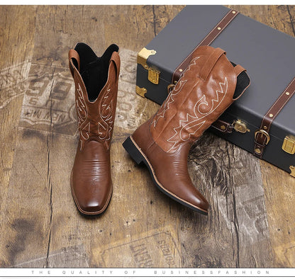 Men Boot 2024 Mid Calf Western Cowboy Motorcycle Boots Male Autumn Outdoor PU Leather Totem Med Heel Fashion Designed Men Boots