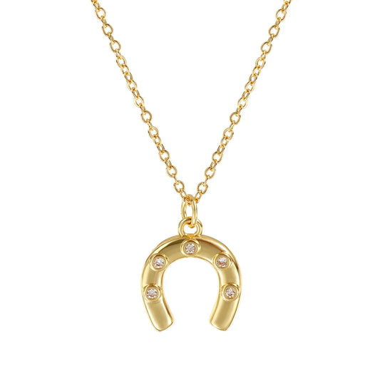 1 Collier à breloques élégant en forme de fer à cheval porte-bonheur en laiton plaqué or 18 carats pour femme