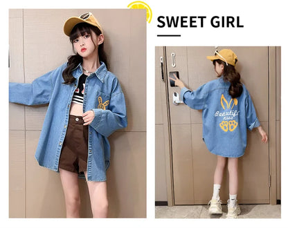 Chemisiers en Denim de Cowgirl de haute couture avec imprimé de lapin pour adolescente, chemise en Denim ample et décontractée à manches longues pour enfants