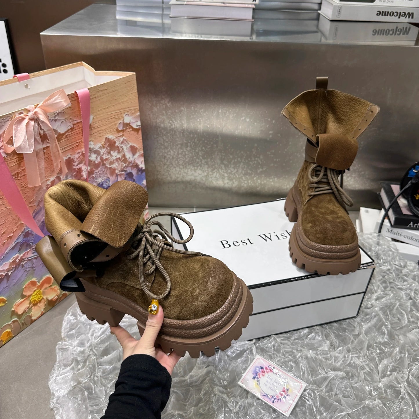 Bottes de Cowboy à grande tête en détresse, mode rétro, bottes de chevalier montantes de Style moto haut de gamme, bottes à semelles épaisses pour filles et femmes