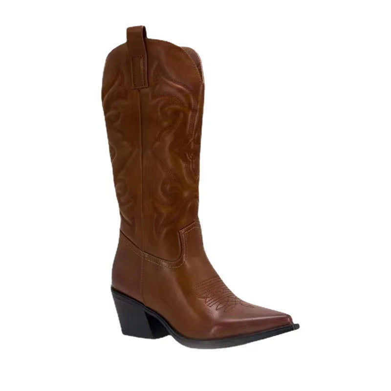 Bottes western de cowboy pour femmes brillantes métallisées brodées à talon aiguille bout pointu roses pour la livraison directe