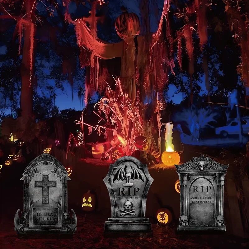 3/6Pcs 2024 Halloween Tombstone Decor Skull Tombstone RIP Letters Bad Omens Haunted House Decor for Patio Garden Frighten Kids