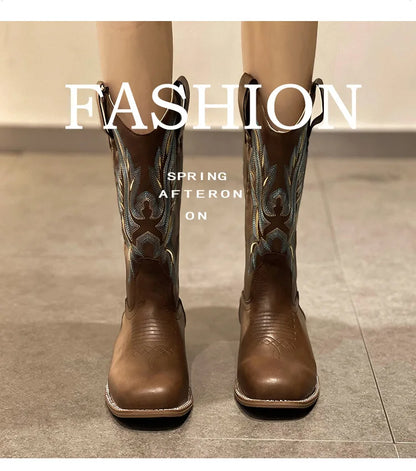 Versatile Western Cowboy Boots Summer Coarse Heel Embroidered Sleeve Knight Boots Mid Barrel Square Head Horseshoe Large