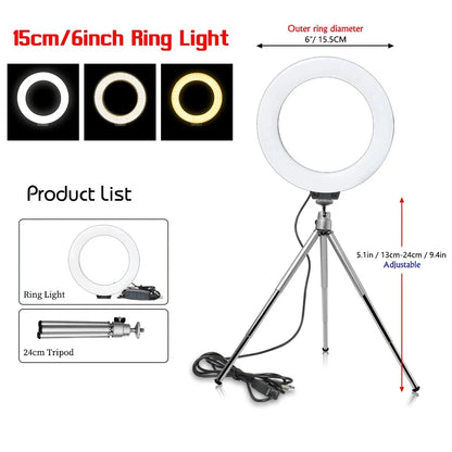 Anneau lumineux LED avec trépied et ventouse pour selfie, 16cm, prise USB portable, éclairage pour ordinateur portable, vidéoconférence, maquillage