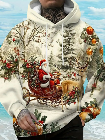 Sweat à capuche surdimensionné pour homme avec imprimé 3D Père Noël et rennes pour fêtes de fin d'année, événements hivernaux, vêtements pour homme, streetwear