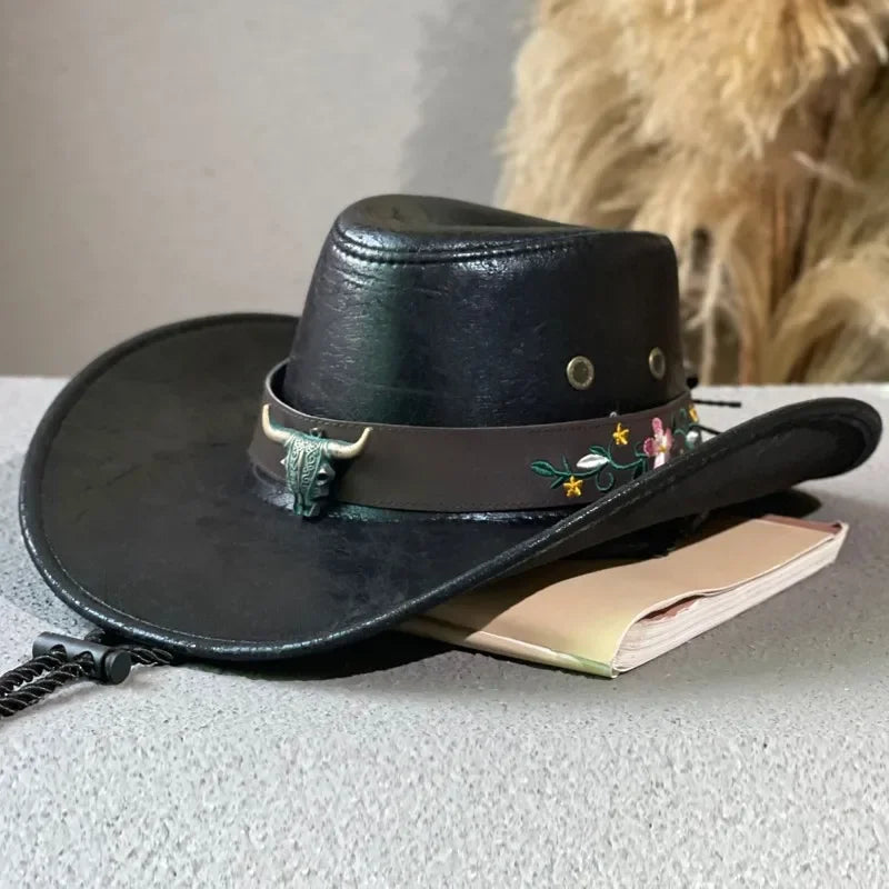 Chapeau de cowboy occidental rétro de haute qualité avec décoration tête de vache, chapeau de jazz en faux cuir pour homme, chapeau Panama, chapeau de cowgirl