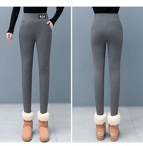 Leggings en laine d'agneau femmes taille haute Leggings chauds en plein air marche pantalons décontractés extensible maigre avec poche Leggings élégants