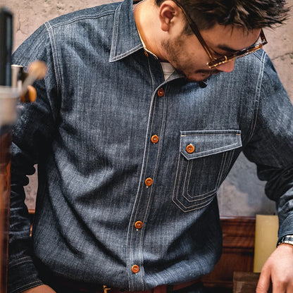 Maden Men Vintage Long Sleeve Western Cowboy Denim Shirt Outerwear Tough Guy Shirt Men's Cotton Casual Shirt XXL XXXL
