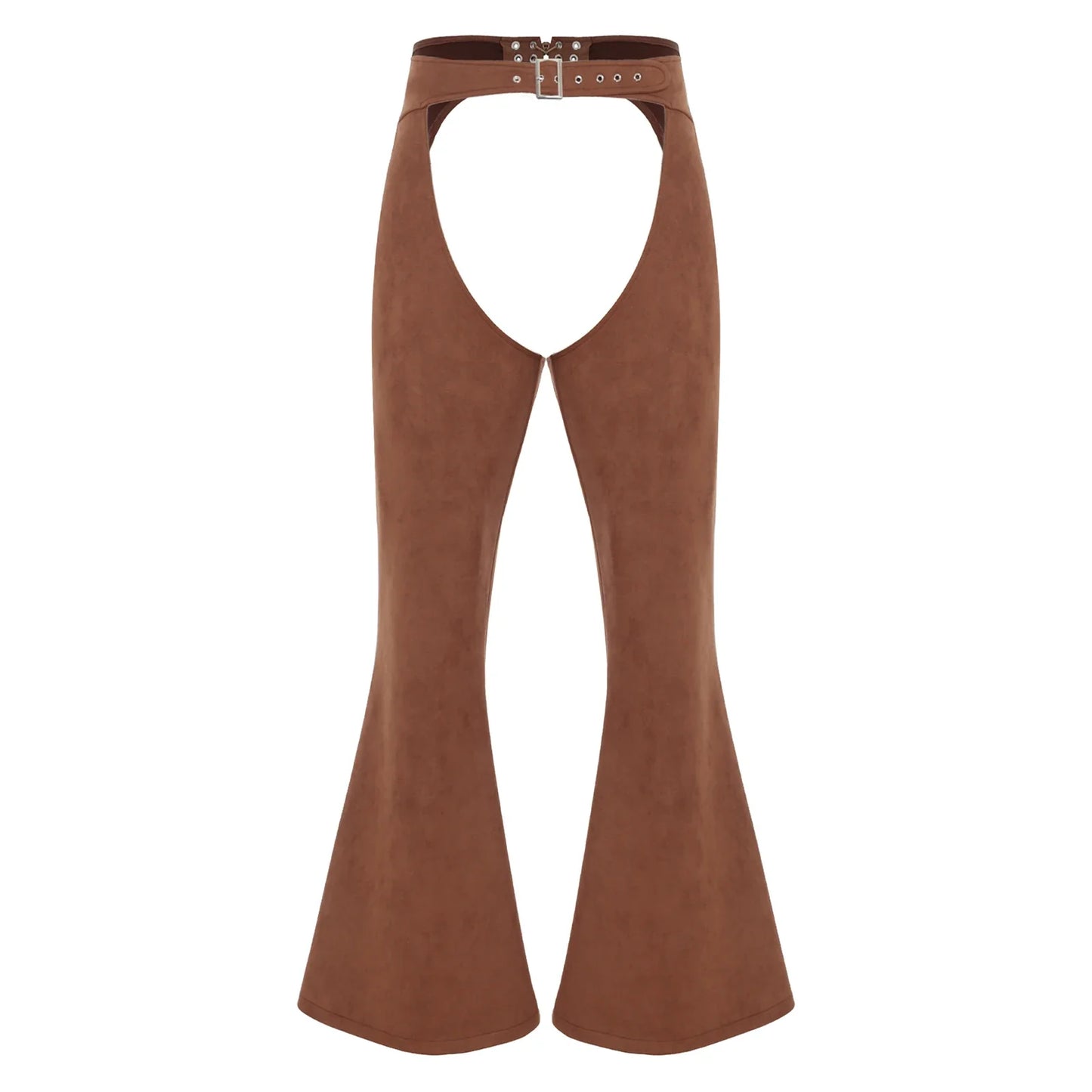 Womens Faux Suede Leather Cowboy Pants Vintage Adjustable Waist Hollow Out Bell Bottoms Biker Pants Riding Motorcycle Trousers