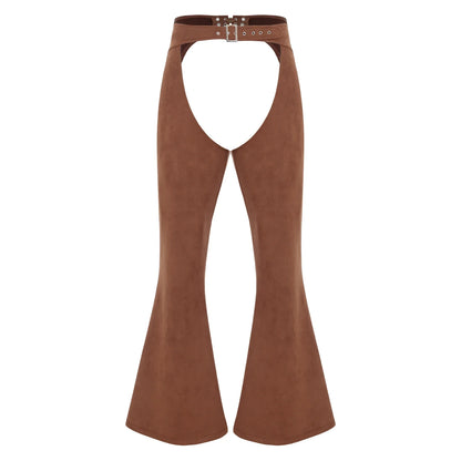 Womens Faux Suede Leather Cowboy Pants Vintage Adjustable Waist Hollow Out Bell Bottoms Biker Pants Riding Motorcycle Trousers