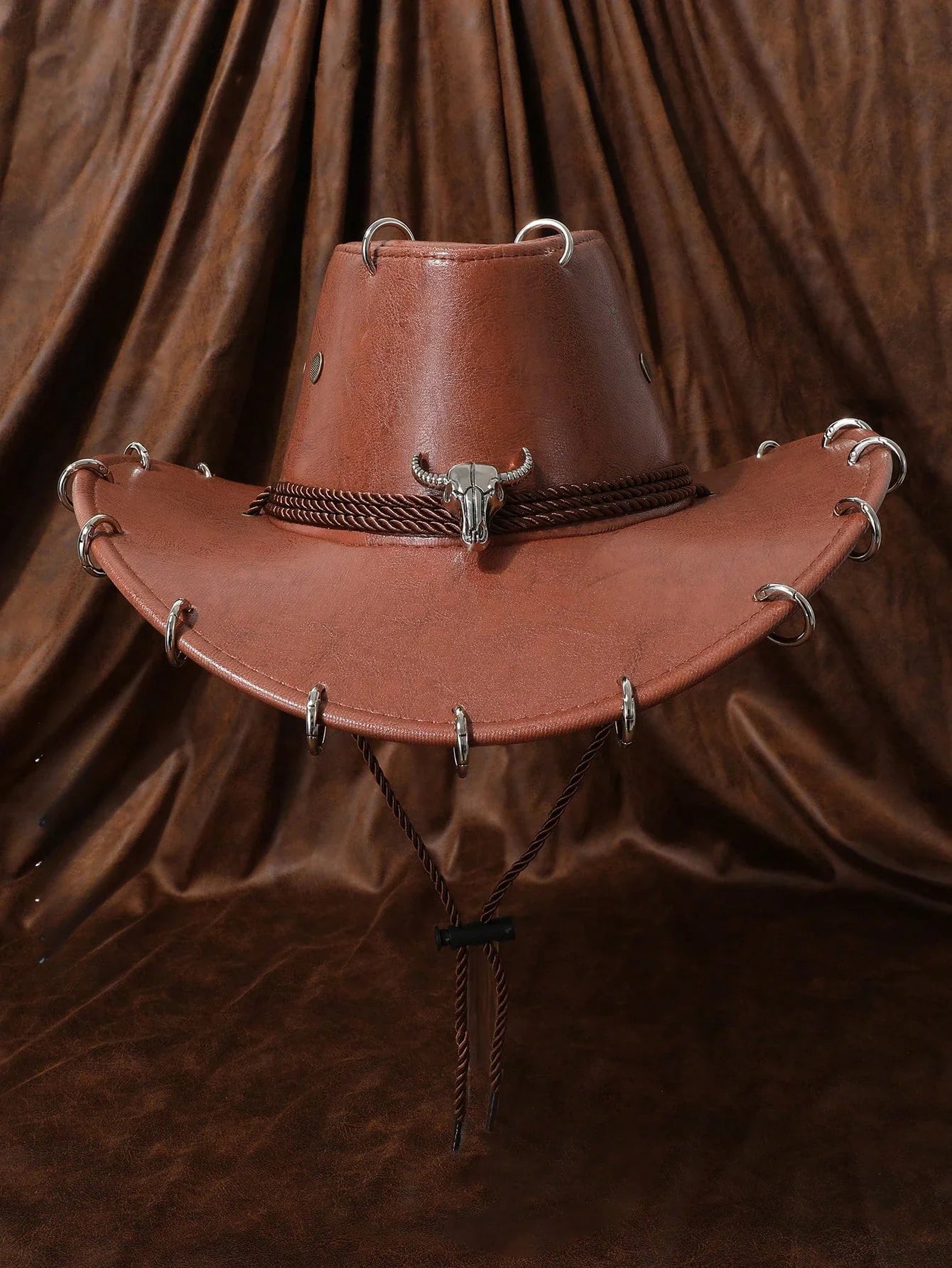 HongLuan – Chapeau de cowboy unisexe en cuir PU noir réglable, style occidental, idéal pour les voyages, avec badge tête de taureau, pour l'extérieur