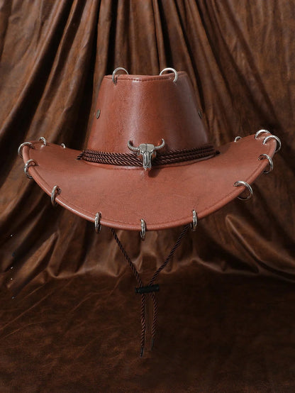HongLuan – Chapeau de cowboy unisexe en cuir PU noir réglable, style occidental, idéal pour les voyages, avec badge tête de taureau, pour l'extérieur