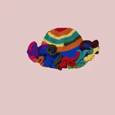 Chapeau seau à volants en Crochet coloré, chaud et extensible, en tricot, pour célébration du nouvel an, mode femme, bonnet fait à la main, outil tentacule