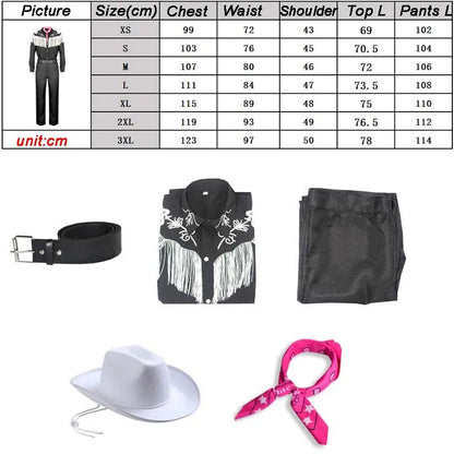 Costume de cowboy pour homme avec écharpe, chemise noire à franges à manches longues, pantalon et chapeau, idéal pour Halloween ou cosplay adulte