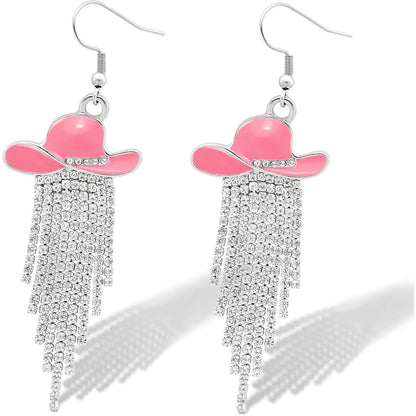 Boucles d'oreilles pendantes de cowgirl de l'Ouest, Chapeau en émail, Pendentif à pompon strass scintillant, Bijoux pour femmes pour bal, concerts country, rodéo, cow-boy