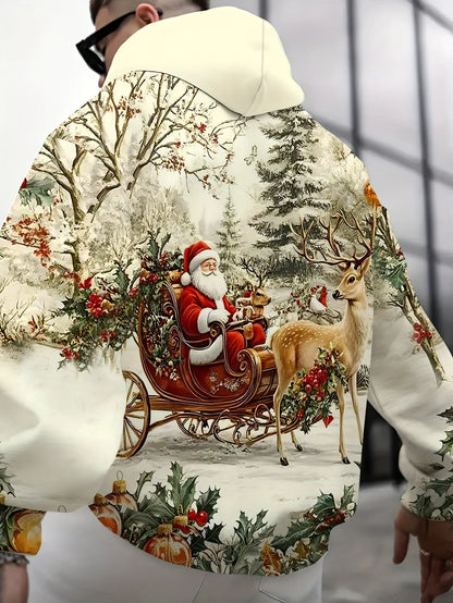 Sweat à capuche surdimensionné pour homme avec imprimé 3D Père Noël et rennes pour fêtes de fin d'année, événements hivernaux, vêtements pour homme, streetwear