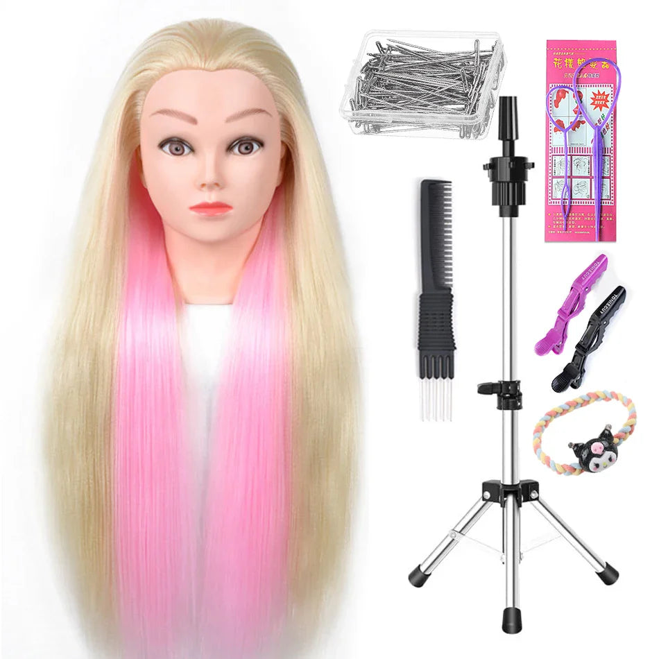 Tête de mannequin à cheveux longs synthétiques avec support de trépied de perruque réglable Modèle avec tête de mannequin Formation de coiffeur coiffant